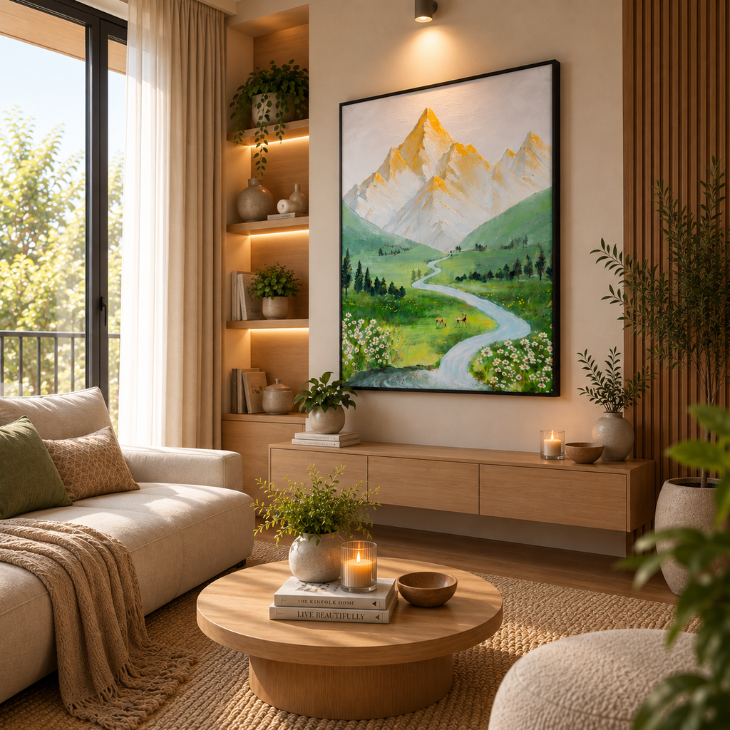 Serene mountain valley leather painting