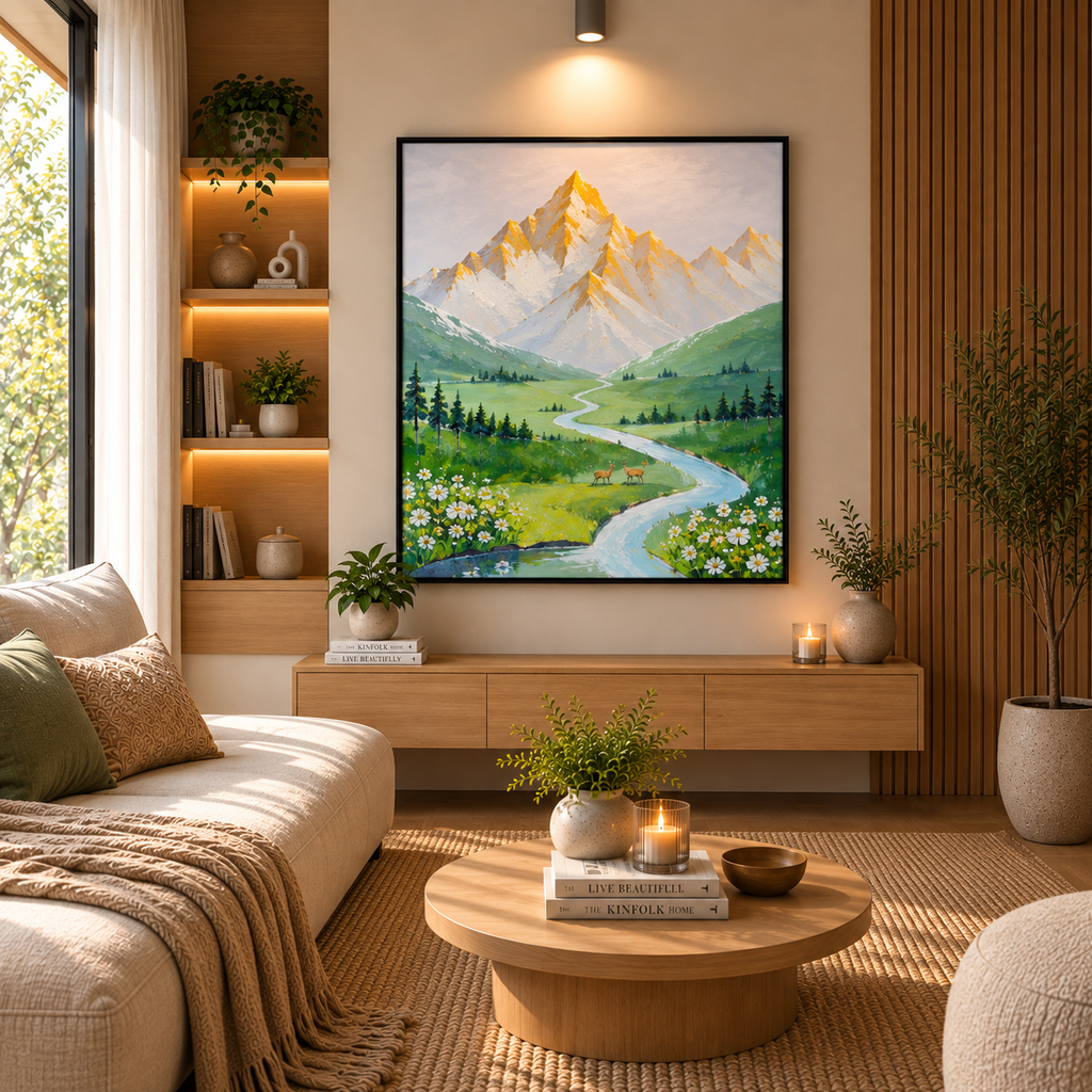 Golden mountain valley leather painting