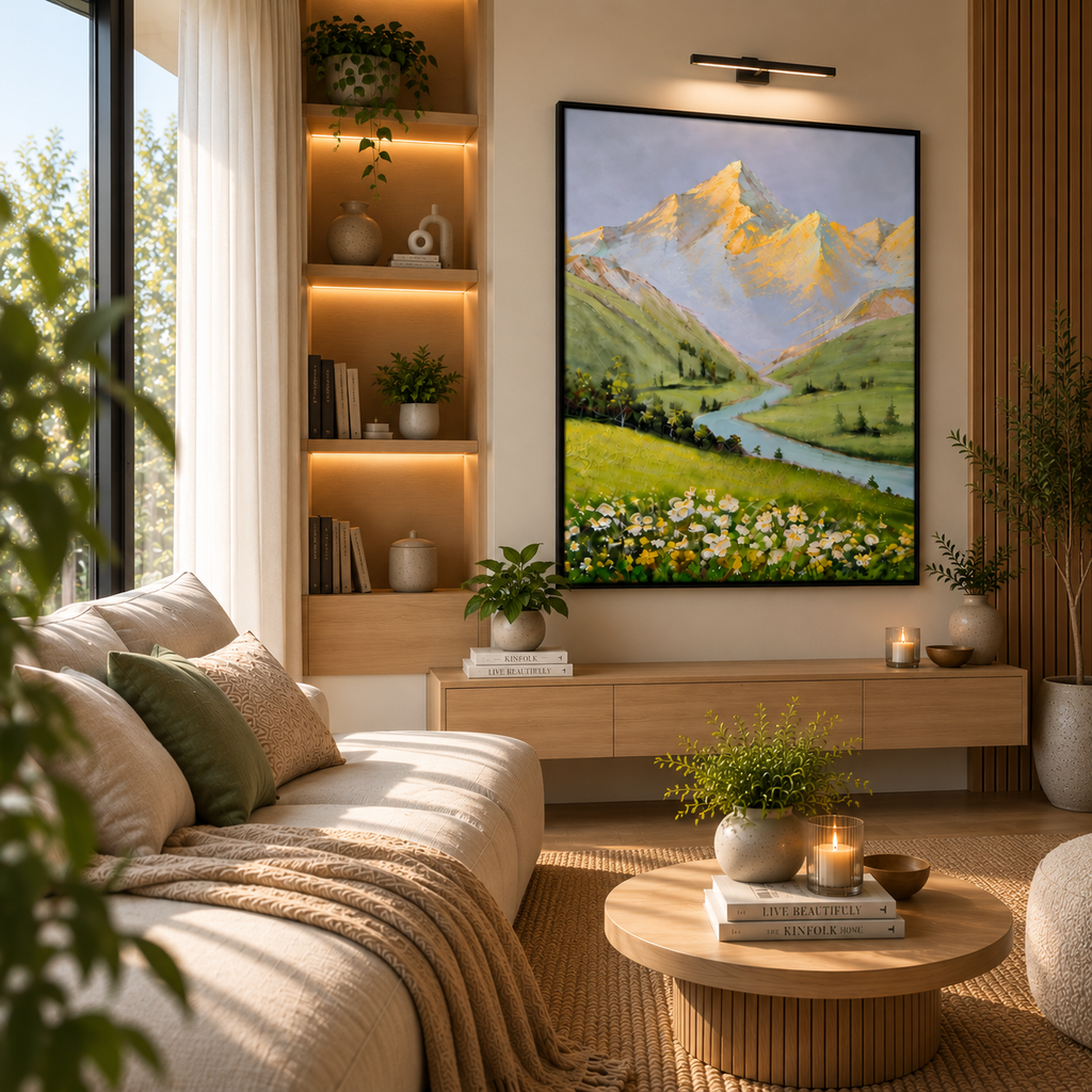 Golden mountain valley leather painting
