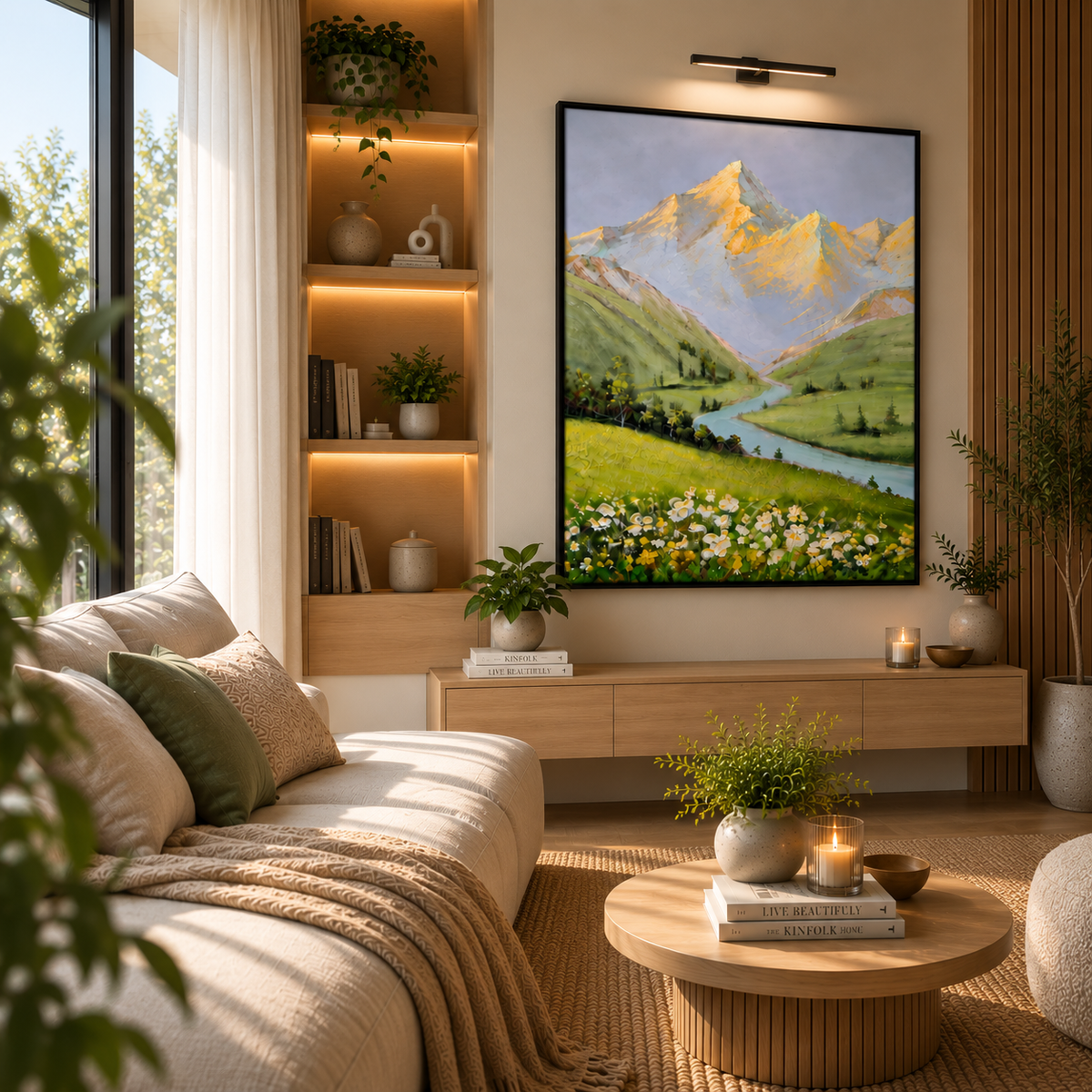 Golden mountain valley leather painting