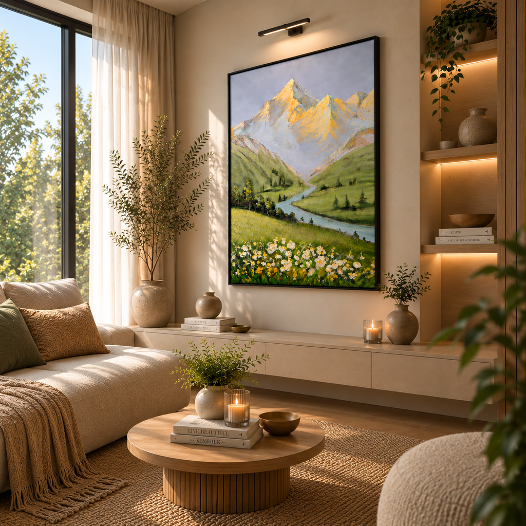 Golden mountain valley leather painting