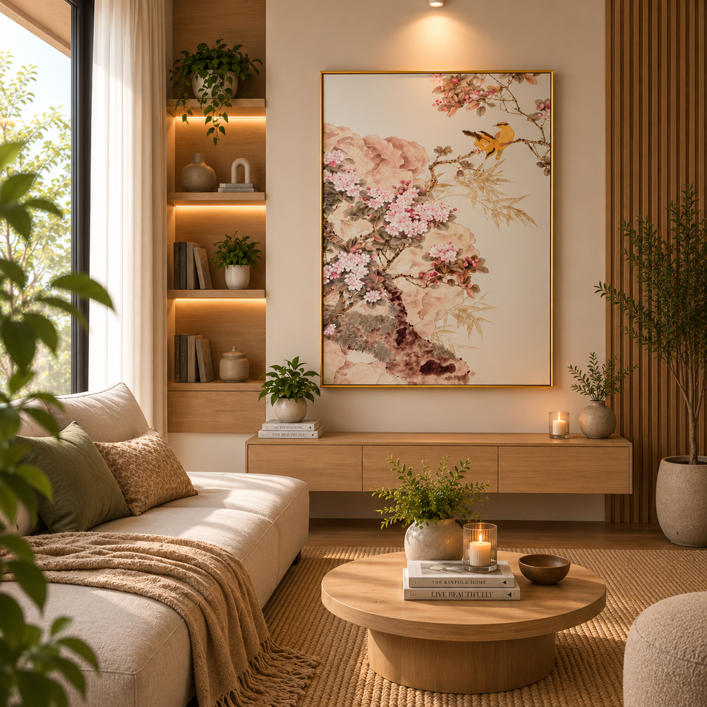 Elegant floral bird leather painting