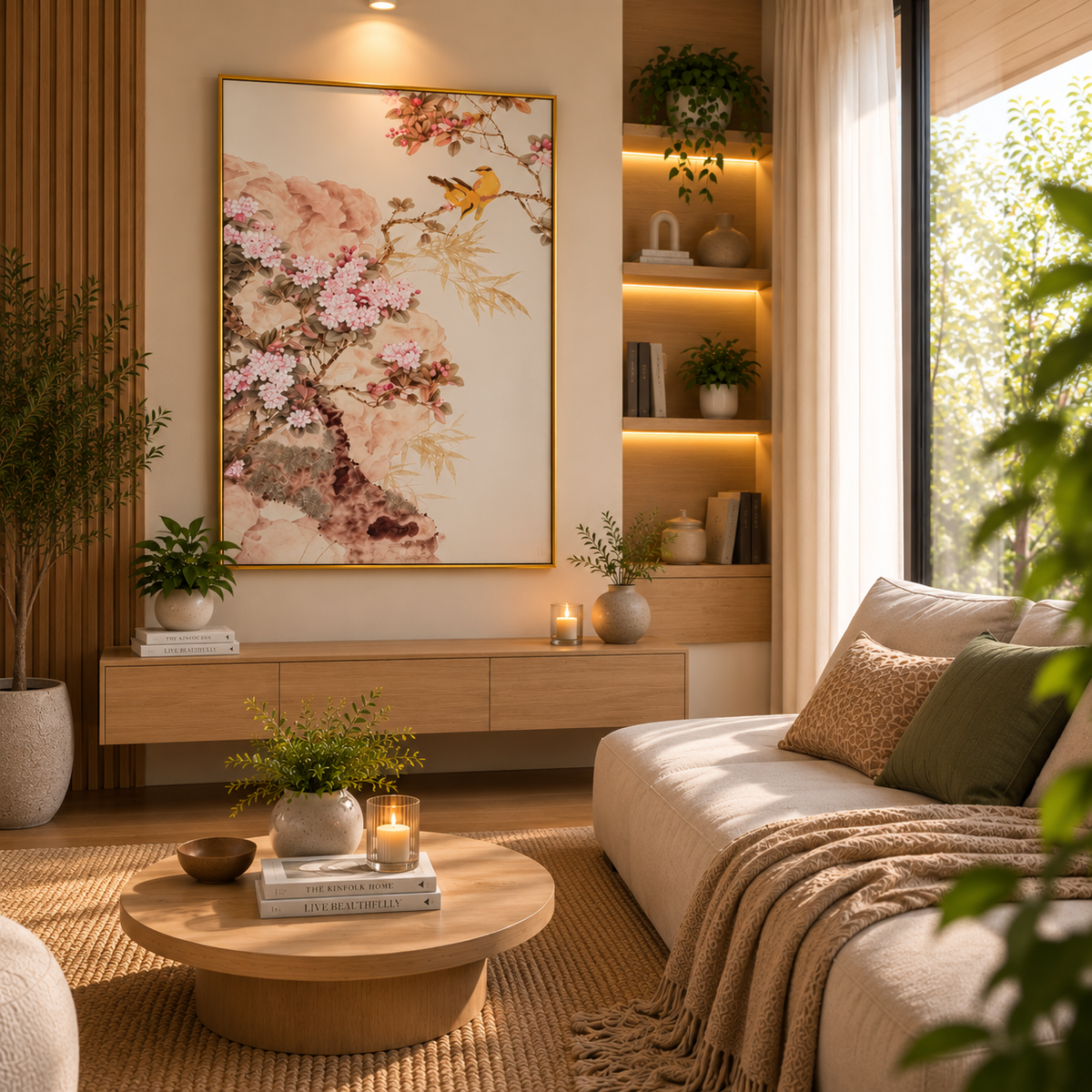 Elegant floral bird leather painting