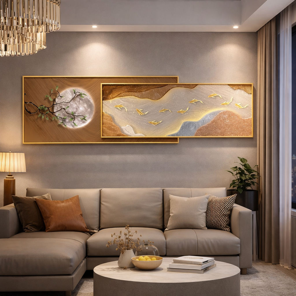 Golden Moon Flow – Modern Crystal Painting with Double Metal Frame