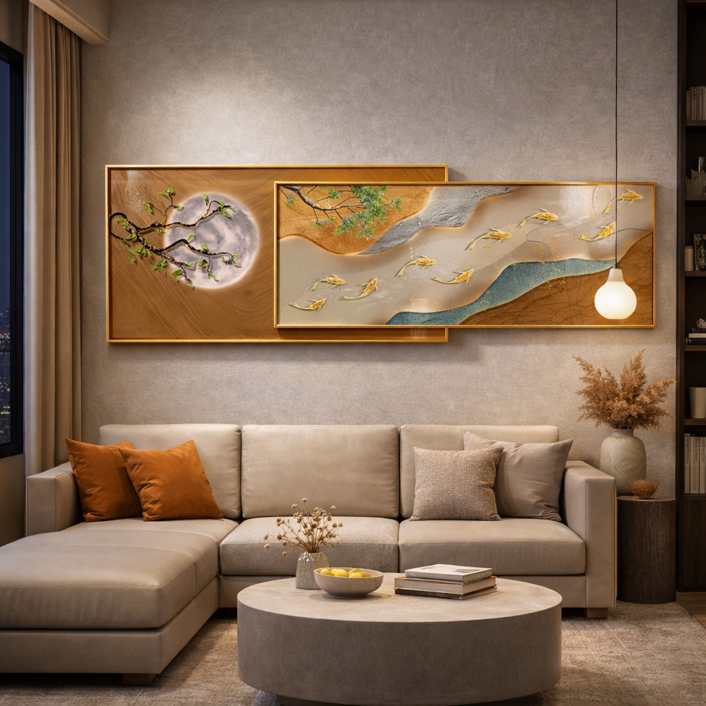 Moonlit Golden Current- Modern Crystal Painting with Double Metal Frame