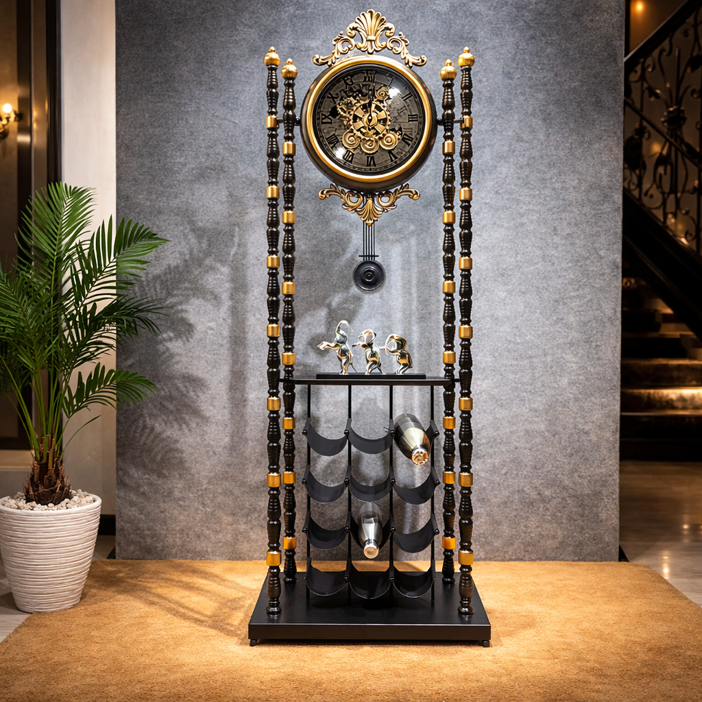Royal Luxury Wine Rack Floor Clock – Antique Black & Gold Finish