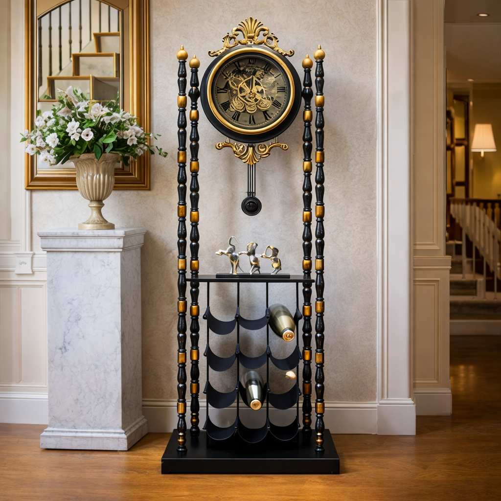Royal Luxury Wine Rack Floor Clock – Antique Black & Gold Finish