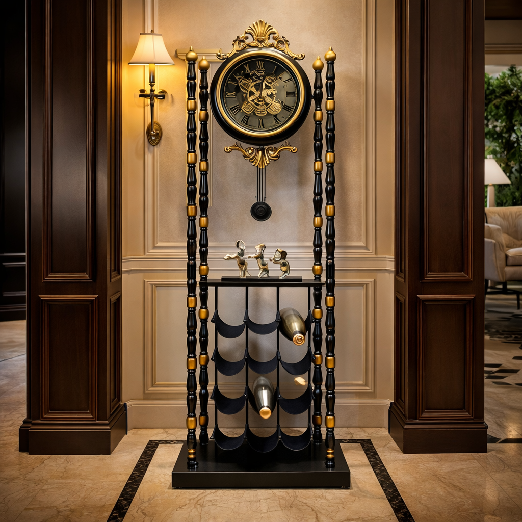 Royal Luxury Wine Rack Floor Clock – Antique Black & Gold Finish