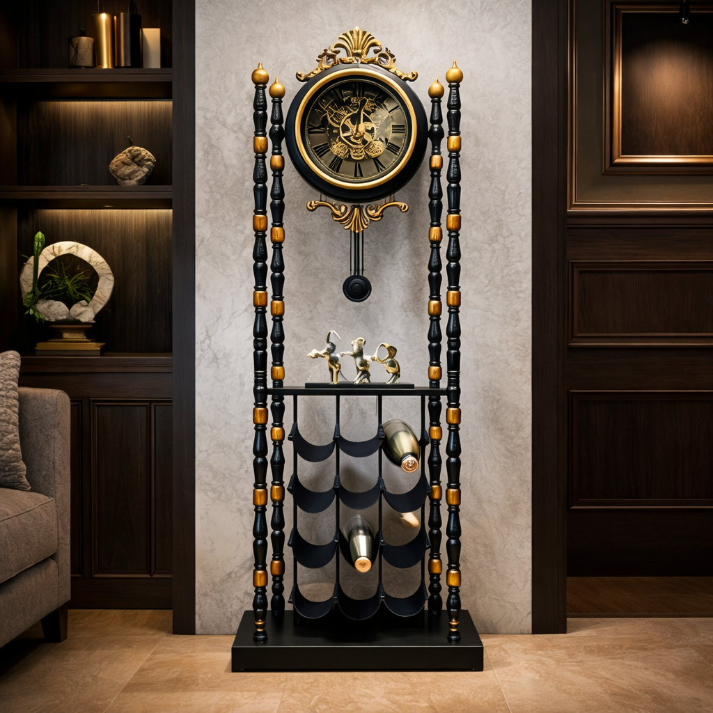 Royal Luxury Wine Rack Floor Clock – Antique Black & Gold Finish