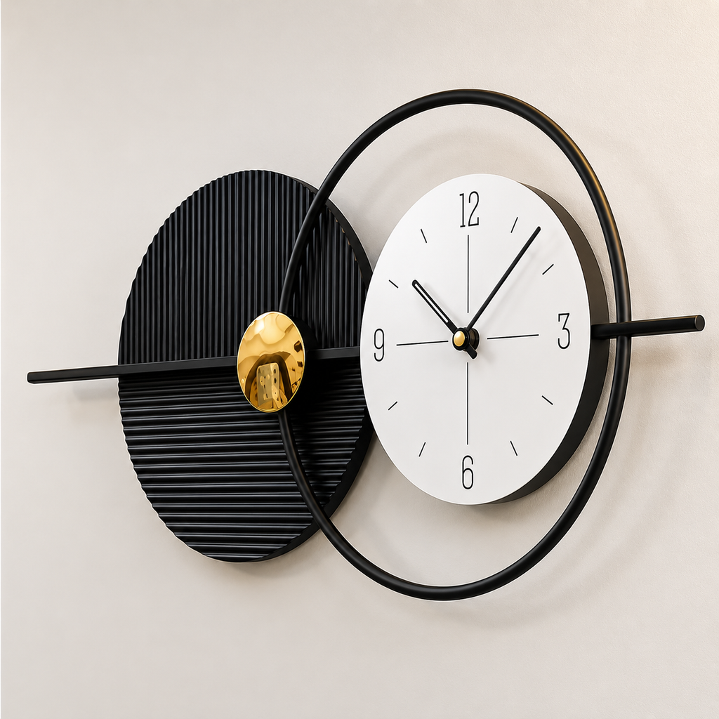 Modern Geometric Metal Wall Clock | Black & White Luxury Designer Wall Clock