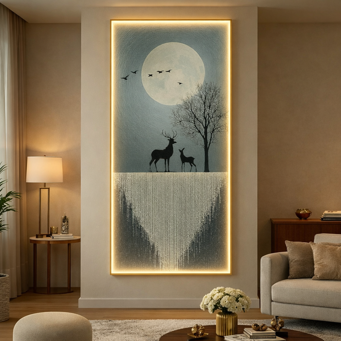 LED Crystal Paintings Moonlit Serenade LED Crystal Wall Art with Deer and Waterfall