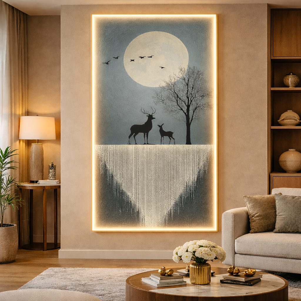 LED Crystal Paintings Moonlit Serenade LED Crystal Wall Art with Deer and Waterfall