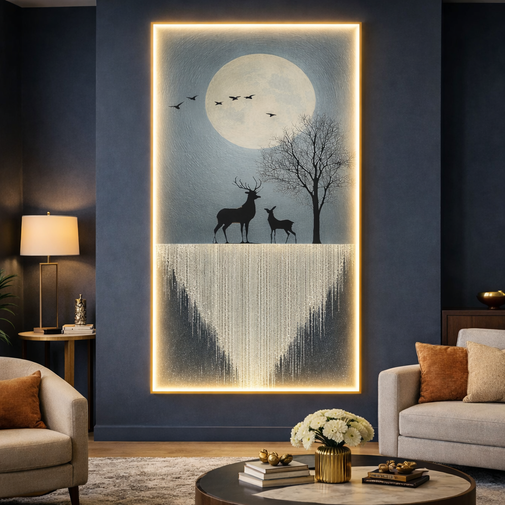 LED Crystal Paintings Moonlit Serenade LED Crystal Wall Art with Deer and Waterfall