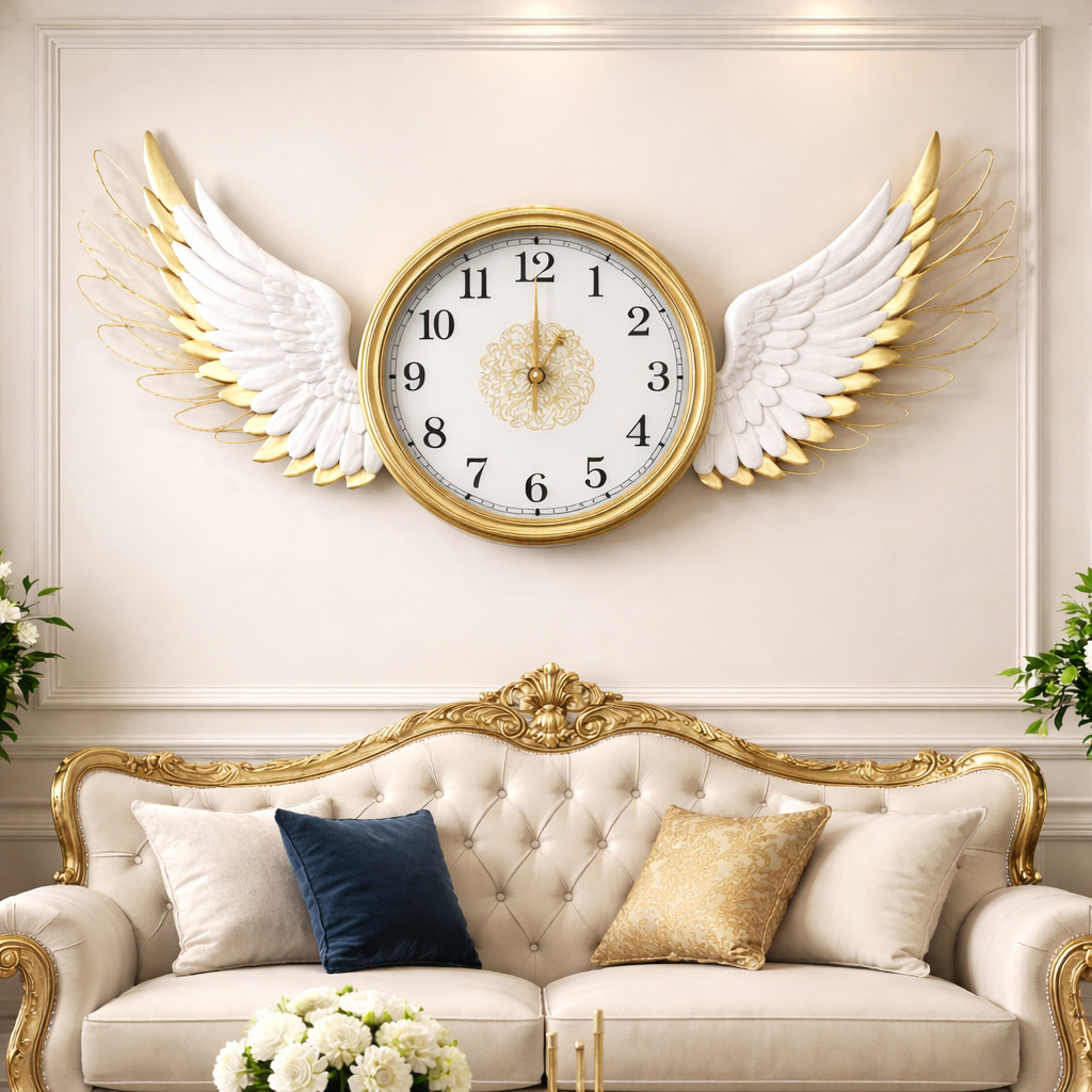 Metal wall clocks Majestic Angel Wings Golden Wall Clock