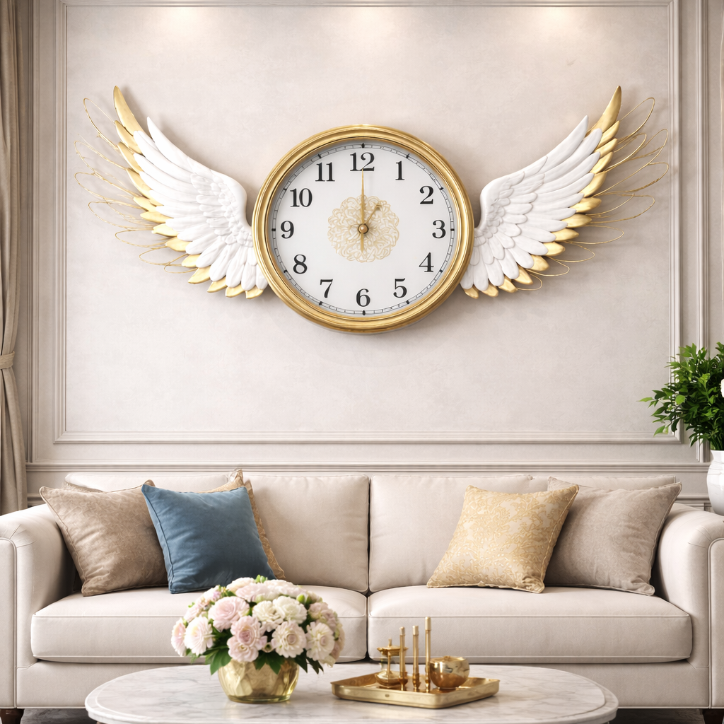 Metal wall clocks Majestic Angel Wings Golden Wall Clock