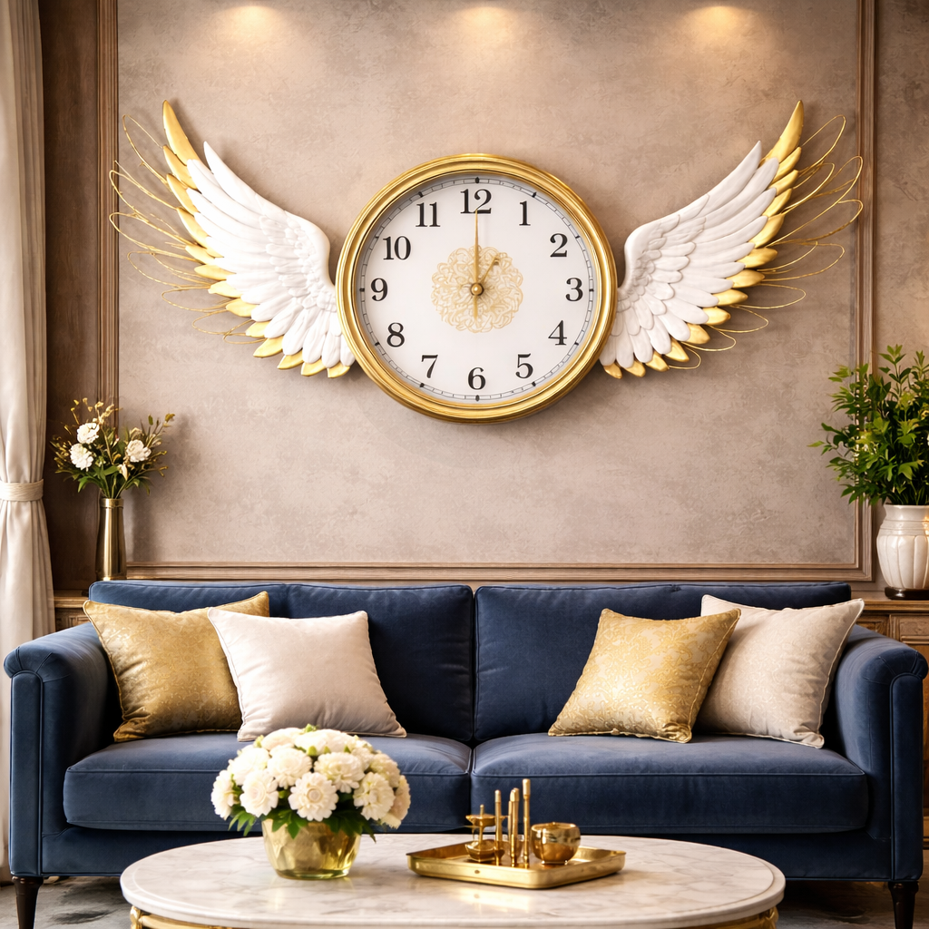Metal wall clocks Majestic Angel Wings Golden Wall Clock