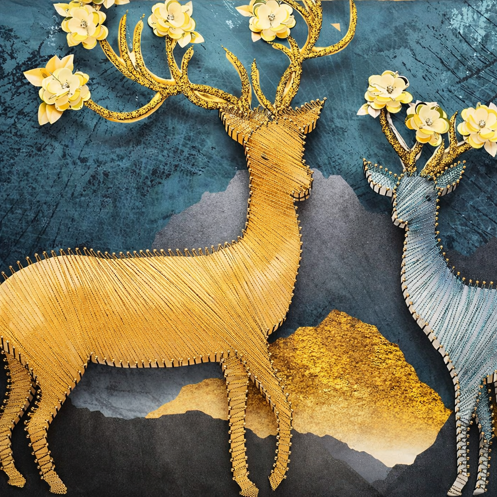 Shadow Box Paintings Enchanted Forest Golden Tree & Deer 3D Shadow Box Wall Art Set