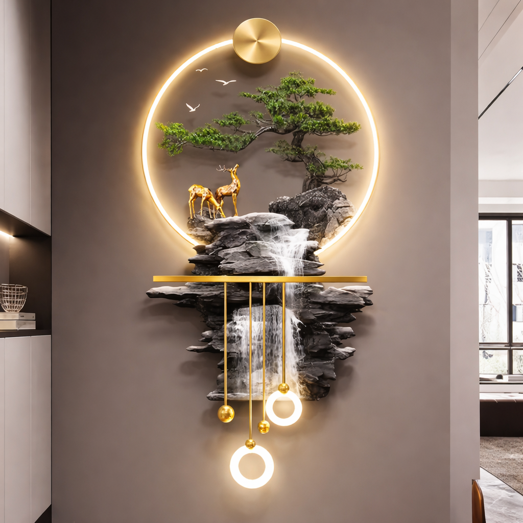 led crystal painting Enchanted Mountain Vista: LED Crystal Wall Art with Waterfall & Deer (3D Relief)