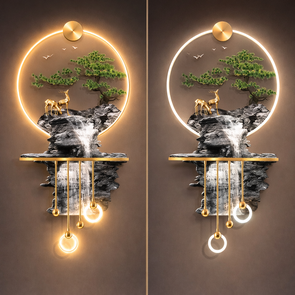 led crystal painting Enchanted Mountain Vista: LED Crystal Wall Art with Waterfall & Deer (3D Relief)
