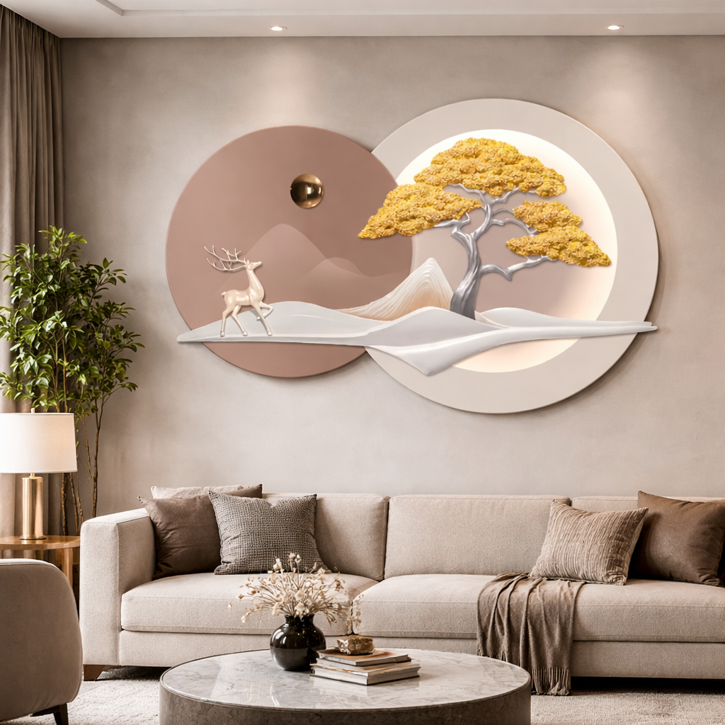 Golden Tree & Deer 3D Wall Art Panel
