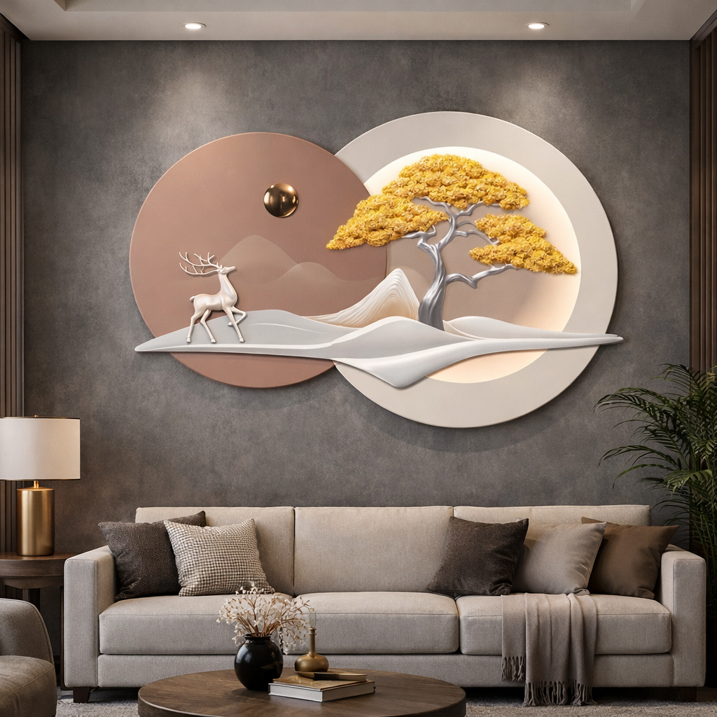 Golden Tree & Deer 3D Wall Art Panel
