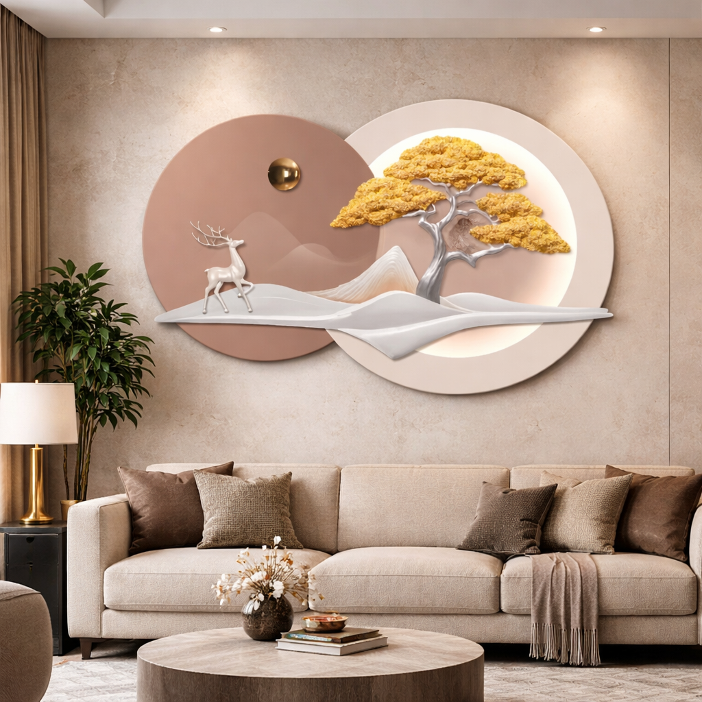 Golden Tree & Deer 3D Wall Art Panel