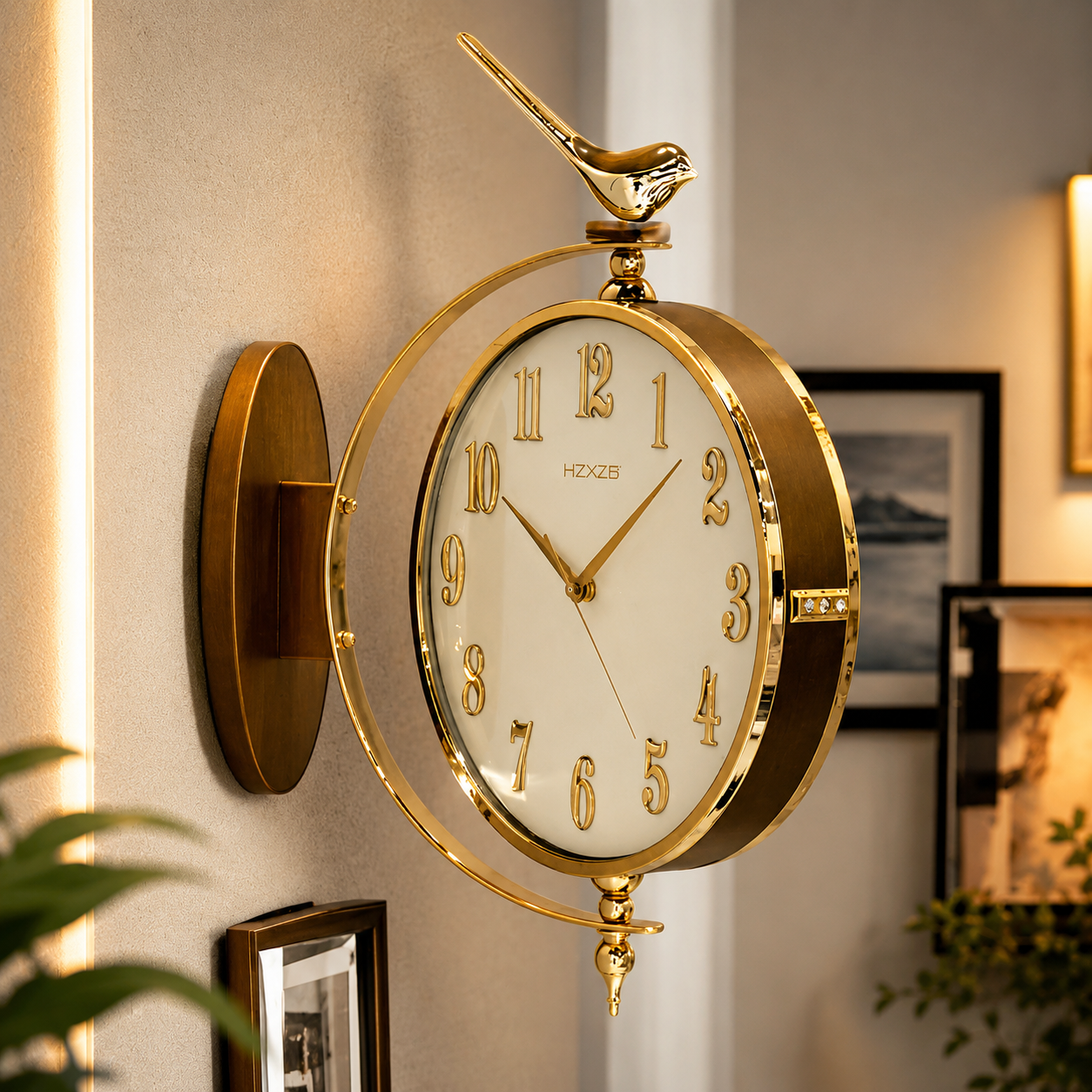 Vintage Dual Dial Hanging Clock – Roman Numeral & Songbird Topper Design