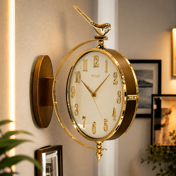 Vintage Dual Dial Hanging Clock – Roman Numeral & Songbird Topper Design