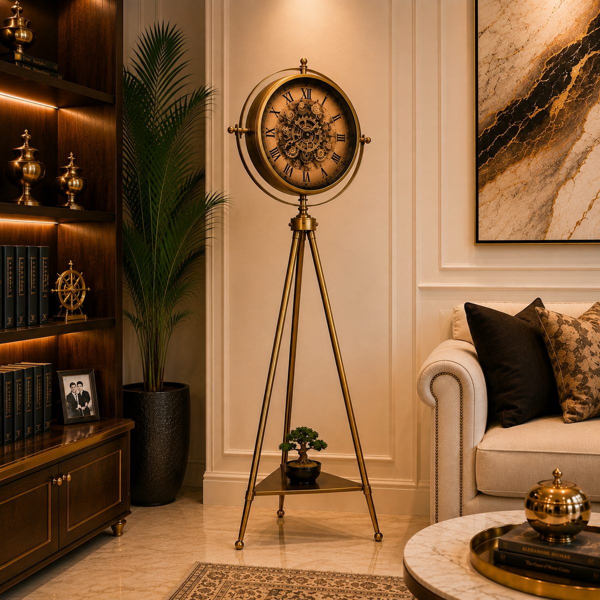 Luxury Golden Tripod Floor Clock – Vintage Roman Dial