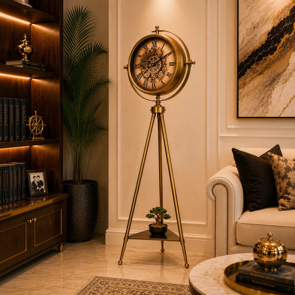 Luxury Golden Tripod Floor Clock – Vintage Roman Dial