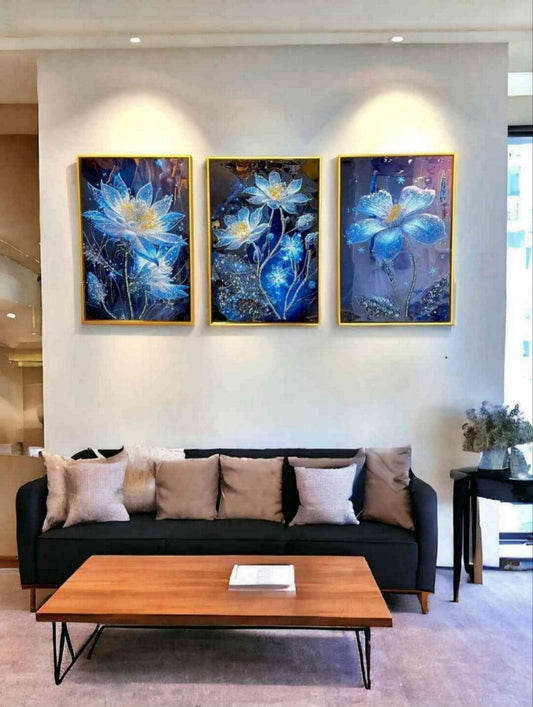 Sapphire Bloom Reverie - 3-Piece Luminous Floral Canvas Art Set