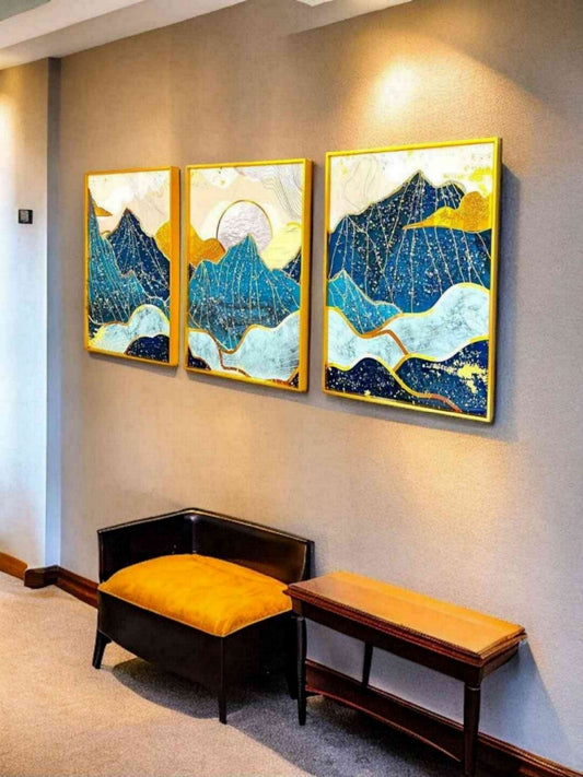 Majestic Peaks & Golden Dawn - 3-Piece Abstract Mountainscape Canvas