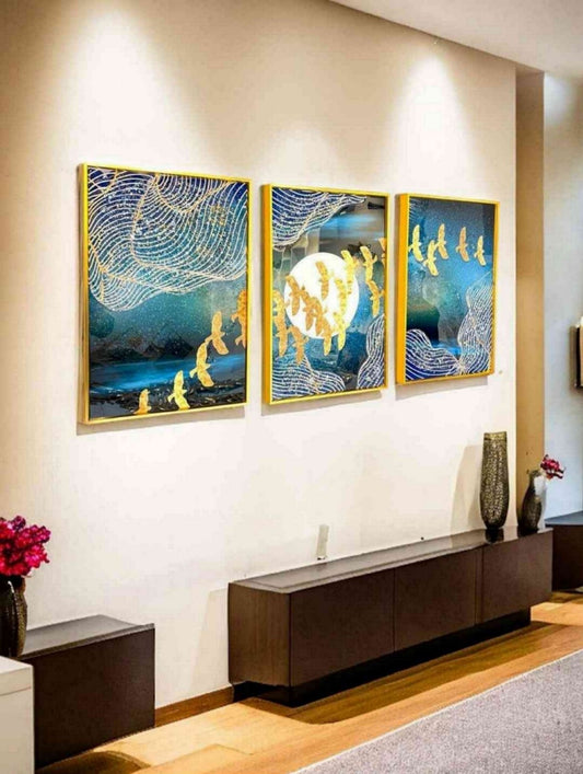 Golden Flight of Dreams - 3-Piece Abstract Bird & Celestial Canvas Art Set
