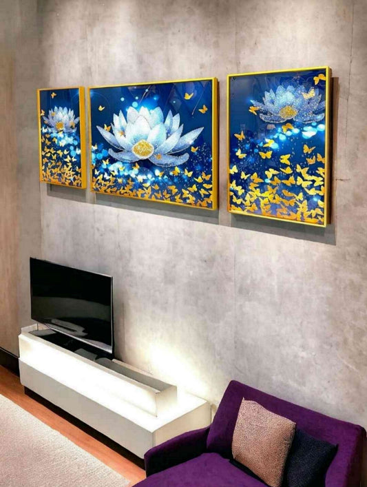 Celestial Lotus Bloom - 3-Piece Illuminated Canvas Art Set