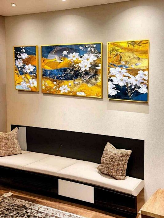 Golden Bloom Symphony - 3-Piece Framed Canvas Art Set