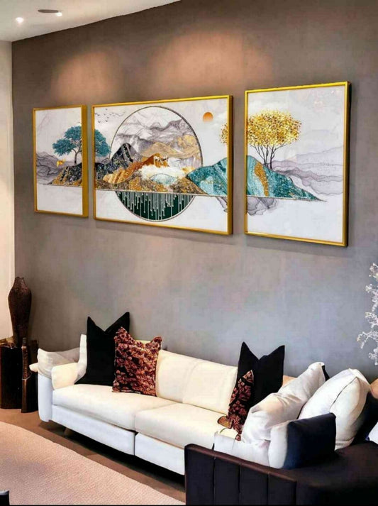 Golden Horizon 3-Piece Abstract Landscape Crystal Wall Art Set