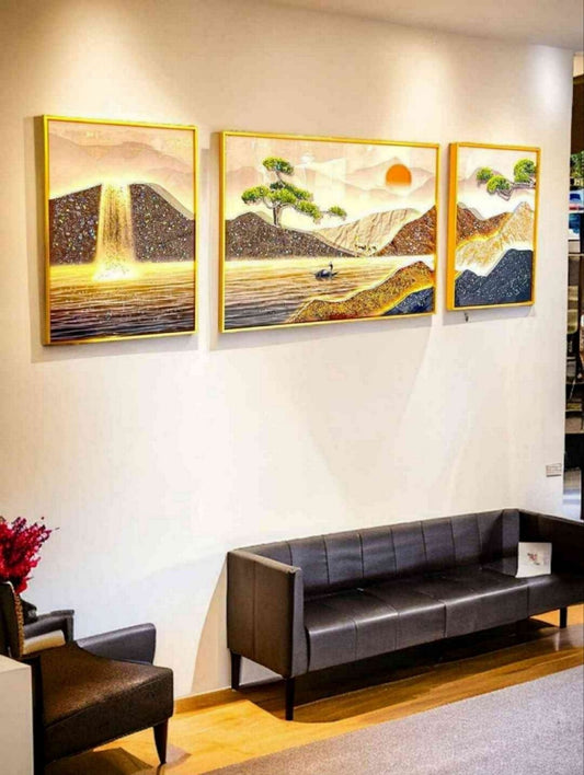 Golden Horizon & Tranquil Waters 3-Piece Crystal Landscape Wall Art