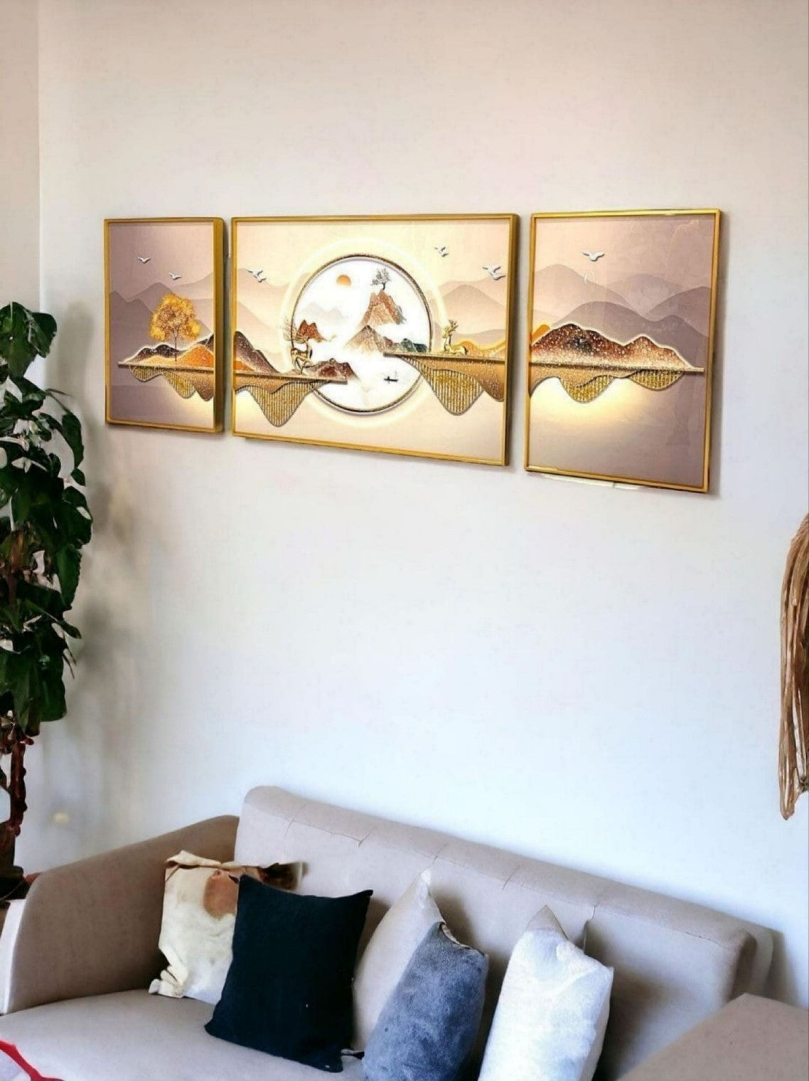 Golden Horizon 3-Piece Crystal Landscape Wall Art with Deer and Mountain Motif