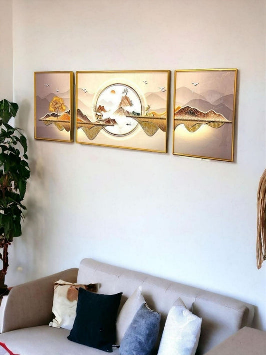 Golden Horizon 3-Piece Crystal Landscape Wall Art with Deer and Mountain Motif