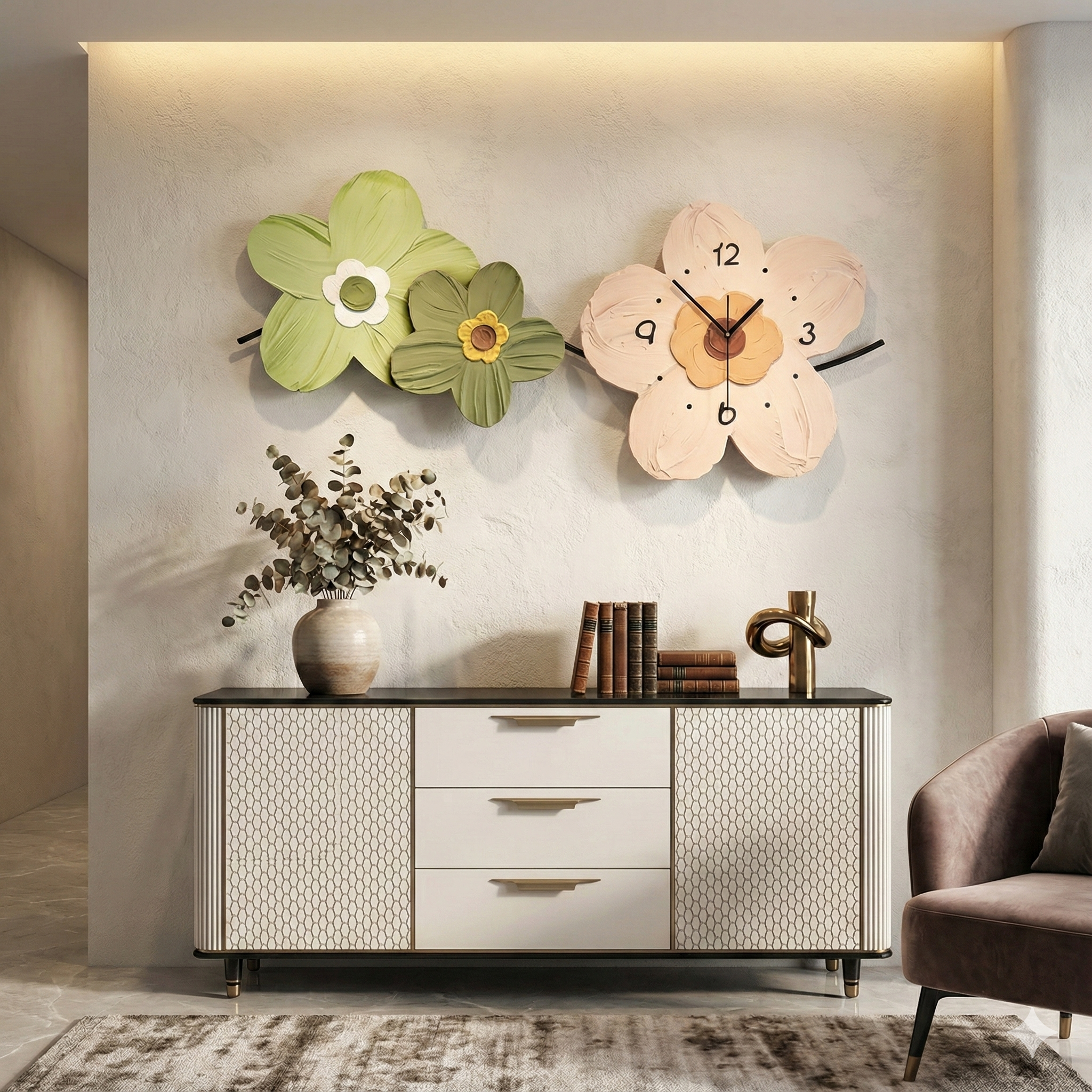 Decorative wall clocks shaped like flowers on a wall above a cabinet with books and a vase.