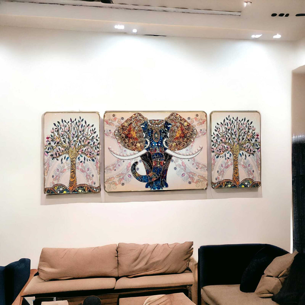 Crystal paintings Jeweled Elephant and Symbolic Trees Crystal Wall Art Set