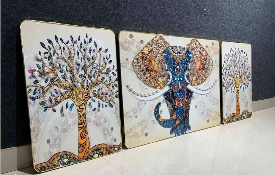 Crystal paintings Jeweled Elephant and Symbolic Trees Crystal Wall Art Set