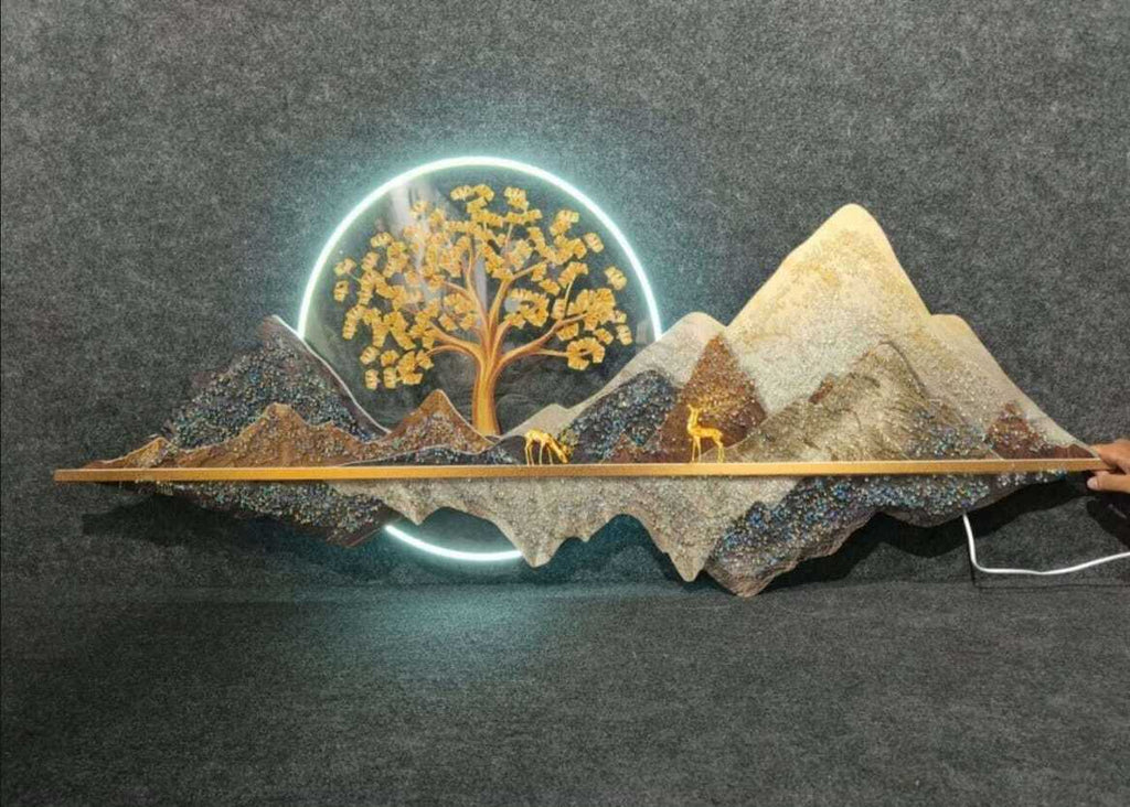LED Crystal Paintings 3D Acrylic LED Wall Art Mountain Landscape with Golden Tree