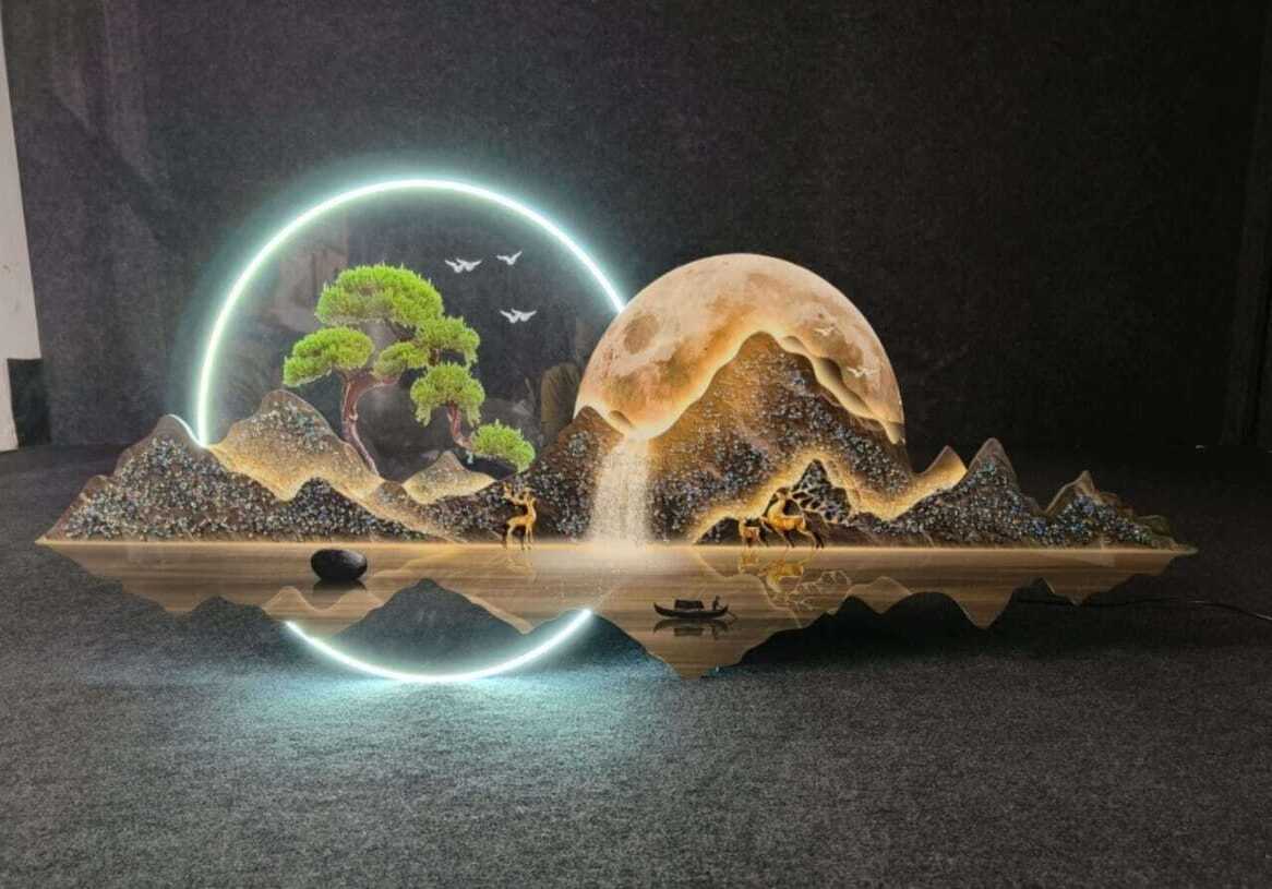 LED Crystal Paintings Illuminated Mountain & Moon Scenic Wall Art & Light-Up Landscape Wall Decor