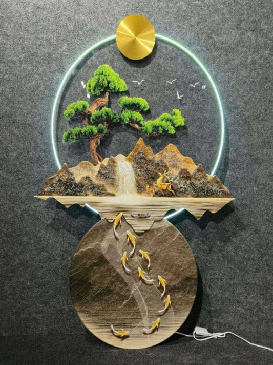 Led crystal painting 3D Illuminated Wall Art Sculpture & Serene Mountain & River Landscape with Bonsai Tree & Koi Fish