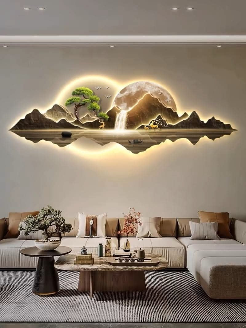 LED Crystal Paintings Illuminated Mountain & Moon Scenic Wall Art & Light-Up Landscape Wall Decor