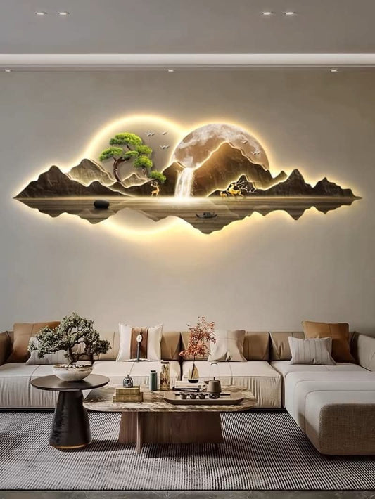 LED Crystal Paintings Illuminated Mountain & Moon Scenic Wall Art & Light-Up Landscape Wall Decor