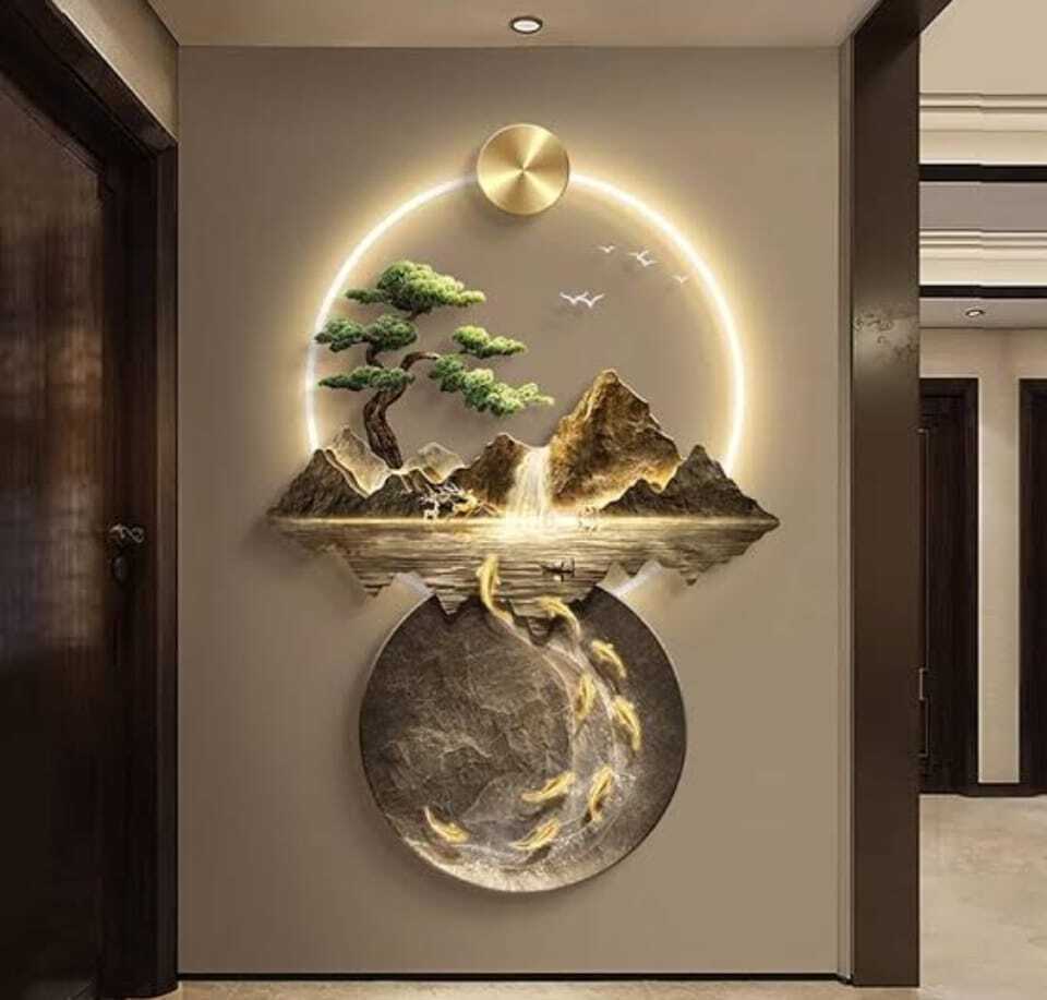 Led crystal painting 3D Illuminated Wall Art Sculpture & Serene Mountain & River Landscape with Bonsai Tree & Koi Fish