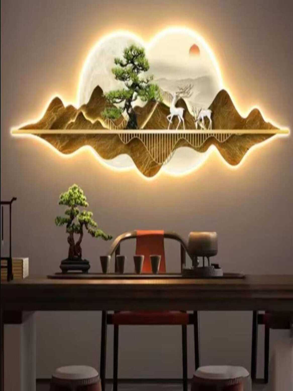 LED Crystal Paintings 3D Illuminated Mountain and Deer Wall Art Decor