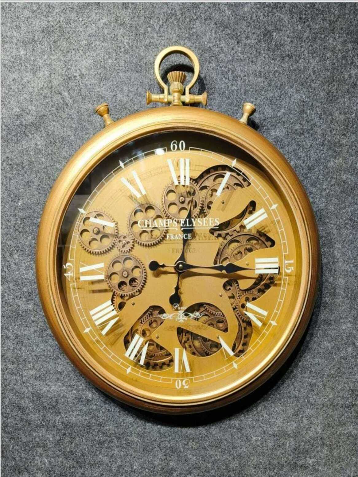 Metal Gear Wall Clocks Champs Elysees Gold Pocket Watch Style Moving Gear Wall Clock